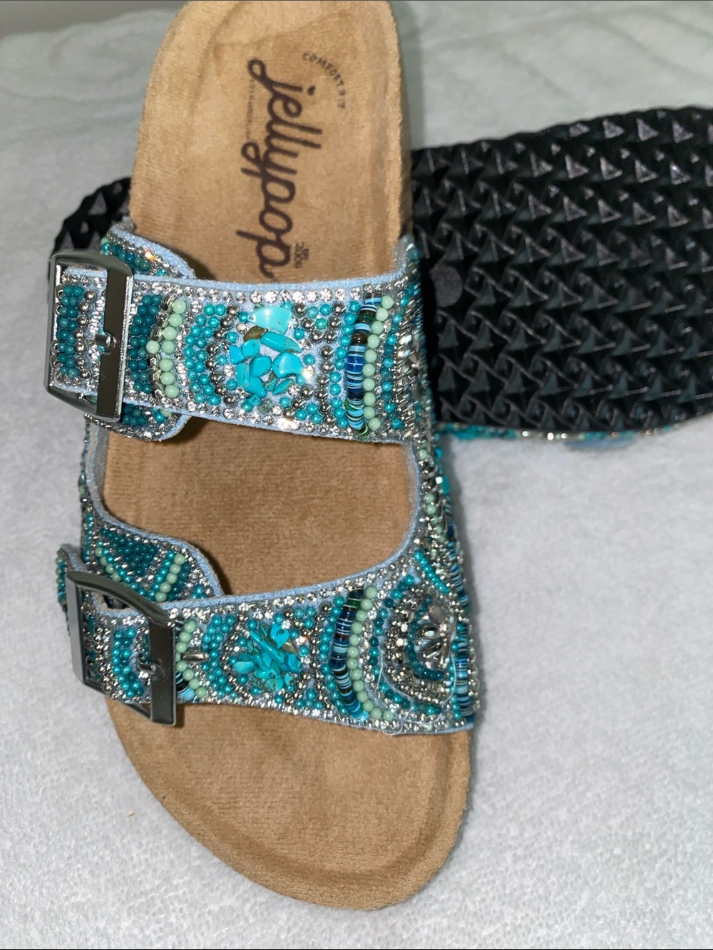 Jellypop Turquoise Beaded Double-Buckle Sandals - Picture 2 of 6